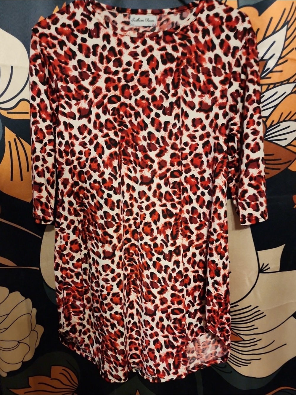 Southern Grace Red and Cream Leopard Print Long Sleeve Dress